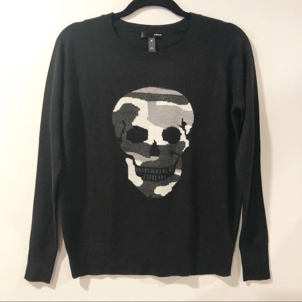 Aqua Black Long Sleeve Skull Sweater